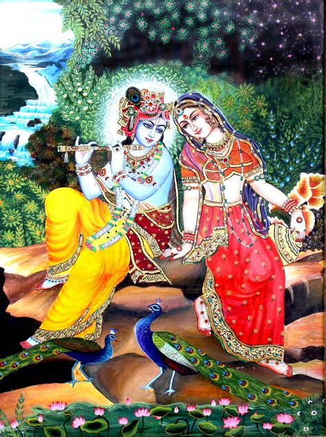 Tanjore Painting Of Radha Krishna Sitting On Jungle