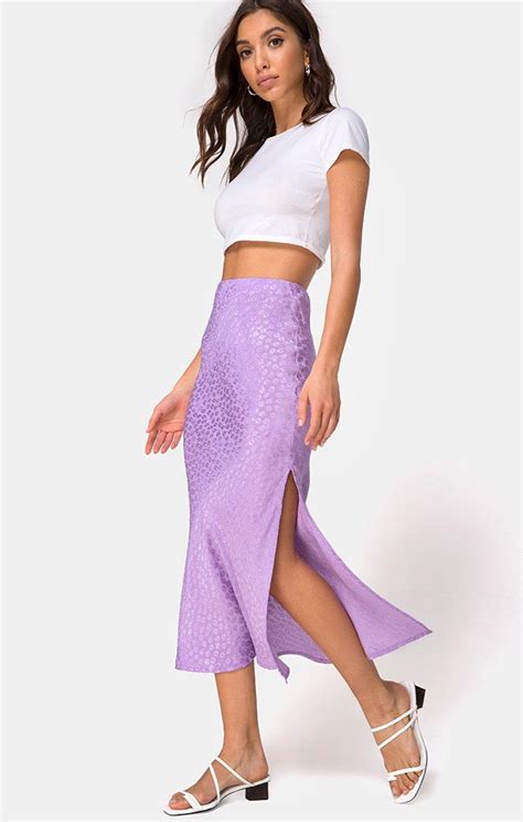 High Waisted Floral Printed Satin Midi Skirt Side Slits Unlined