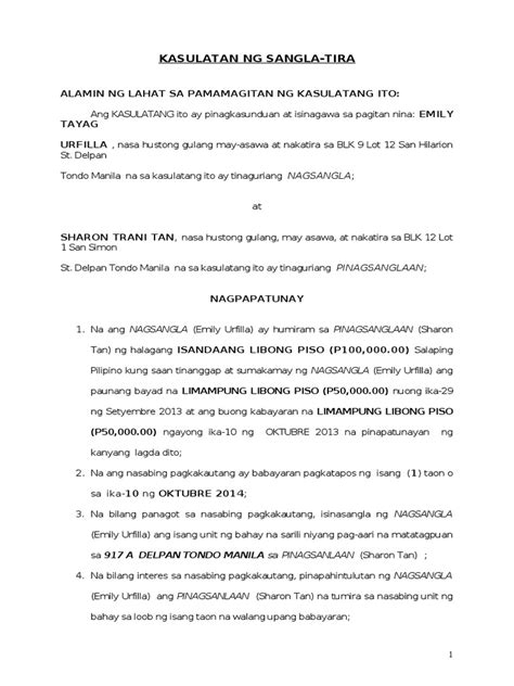 Kasunduan format / kasunduan sa pagpapaupa : KASULATAN NG SANGLA.doc