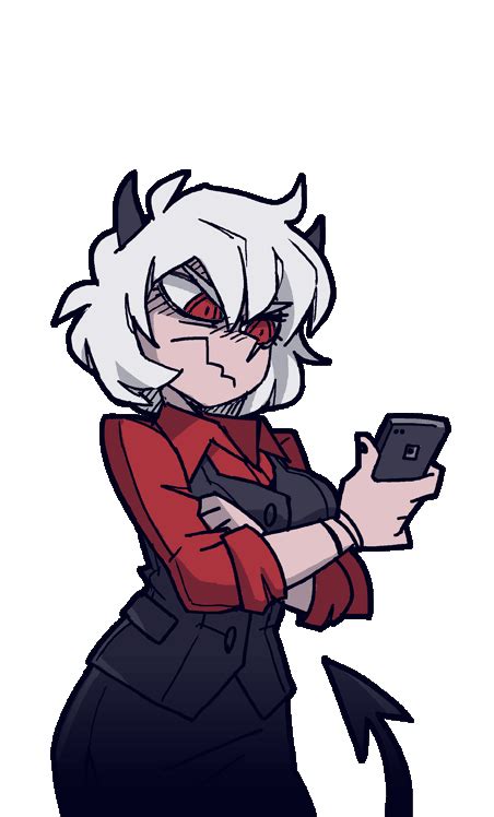 An Anime Character Holding A Cell Phone With Horns On Her Head And Red