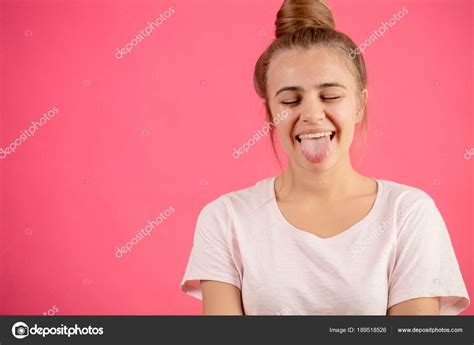 Close Up Photo Of Caucasian Woman With Protruded Tongue — Stock Photo