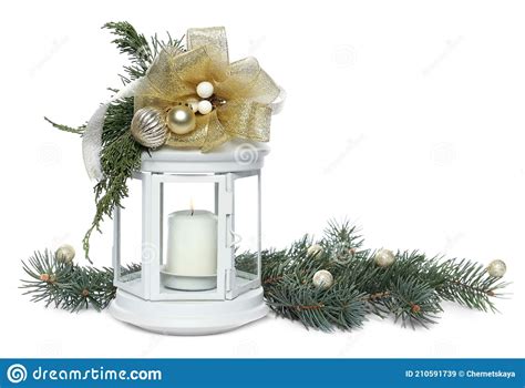 Decorative Christmas Lantern With Candle And Fir Branches On White