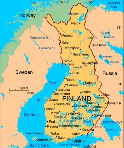 Finlândia, no norte da europa e tem fronteiras com a rússia a leste, ao norte da noruega e na suécia, a oeste. Mapa de Finlandia Fisico Politico