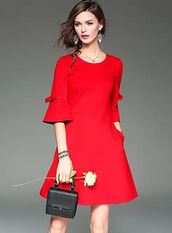 Dresses Skater Dresses Red Flare Sleeve Cotton A Line Dress