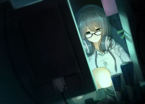 Wallpaper Anime Girl Computer Glasses Headset Brown