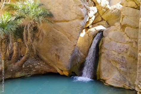 Natural Waterfall Of Oasis Of Nefta Chebika Tunisia Stock Photo