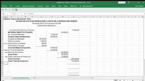 Estado De Costo De Produccion De Lo Vendido Ejemplo En Excel Ejemplo