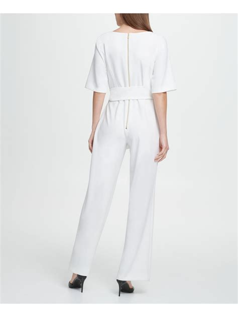 Dkny Womens White Tie Waist Short Sleeve Jewel Neck Jumpsuit Size 2 Ebay
