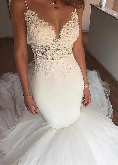 fabulous tulle and satin spaghetti straps neckline mermaid wedding dress with lace appliques slim
