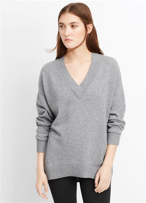 Vince Cashmere Pointelle Trim V Neck Sweater In Gray H Stone Lyst