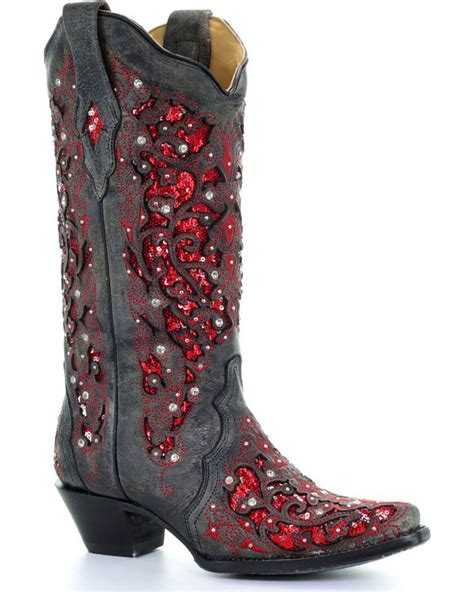 Corral Womens Crystal And Red Sequin Inlay Cowgirl Boots Snip Toe Black Womens Cowgirl