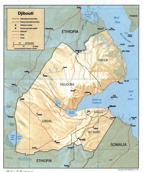 Djibouti is a country of 23,000 km2, located in the horn of africa, bordering ethiopia, eritrea, somalia (somaliland since 1991) and yemen. Large detailed political and administrative map of Djibouti with relief, roads, railroads and ...