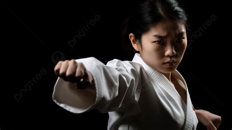 Young Karate Girl Is Doing A Punch Pose Against Dark Black Background