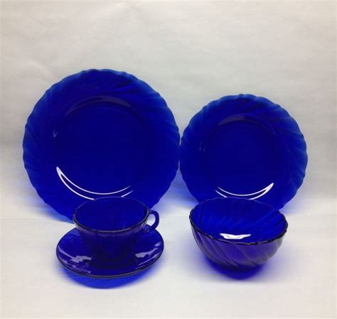 1960 Cobalt Blue Glass Dinnerware Rivage Cobalt Swirl Design Etsy Glass Dinnerware Blue