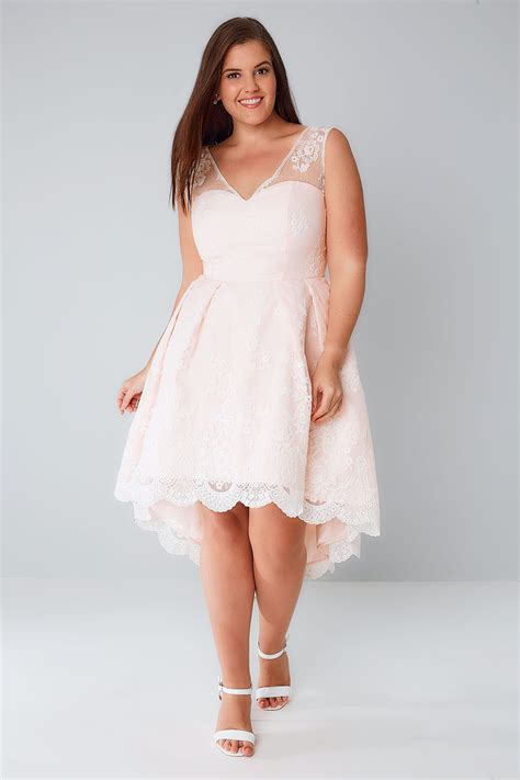 Chi Chi Nude Pink Floral Lace Overlay Dress With Dipped Hem Plus Size