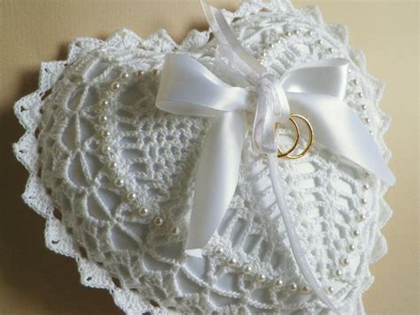 White Heart Shaped Crocheted Lace Ring Bearer Pillow