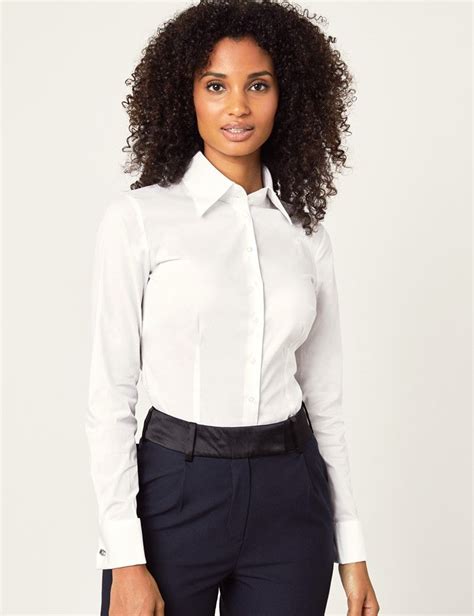 Womens White Fitted Vintage Hipster Shirt With High Long Collar French Cuff Hawes And Curtis