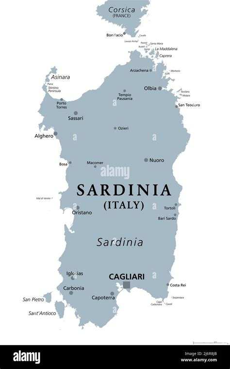 Cerdeña Isla Italiana Mapa Político Gris Con La Capital Cagliari