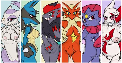 Rule 34 Blaziken Breast Grab Breasts Female Female Only Grin Looking At Viewer Lucario