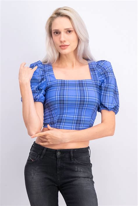 Dont Call Me Jennyfer Women Square Neck Balloon Sleeve Crop Top Blue