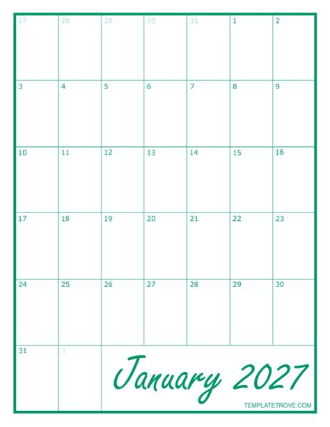 2027 Blank Monthly Calendar