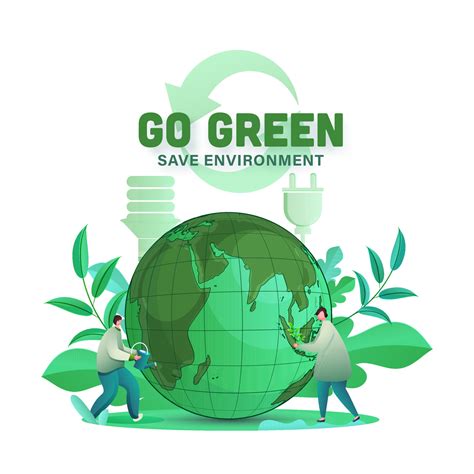 Go Green Save Environment Concept With Cartoon Men Gardening And Earth