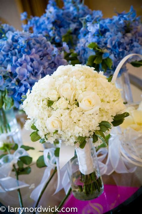 Classic White Hydrangea And Rose Bridal Bouquet With Blue Hydrangea