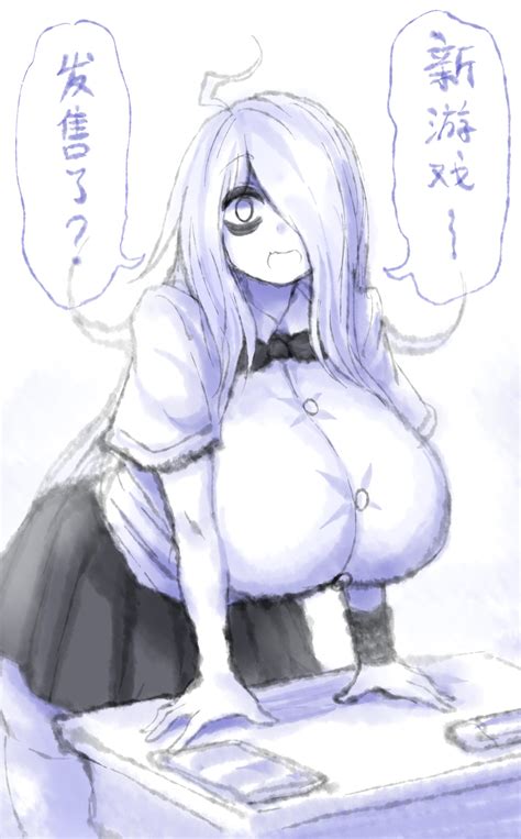 Rule 34 2b213 Ahoge Big Breasts Bow Button Down Shirt Chinese Text Hair Over One Eye Huge