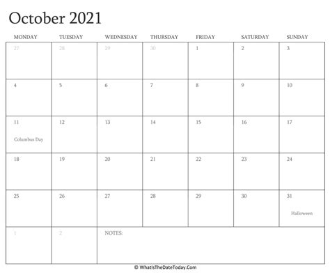 Editable Calendar October 2021 With Holidays Whatisthedatetodaycom