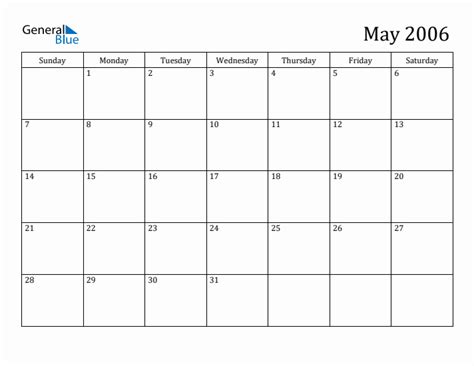 May 2006 Monthly Calendar Pdf Word Excel