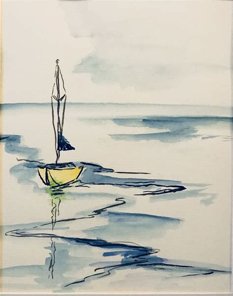 Lonely Yellow Boat Etsy Sailboat Painting Watercolor Boat