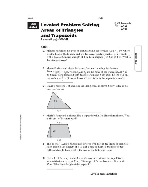 Leveled Problem Solving Areas Of Triangles And Trapezoids Worksheet For