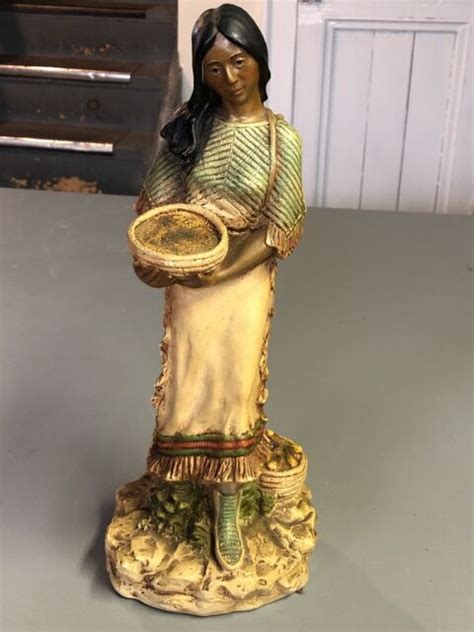 Vintage Native American Woman Sculpture Statue Standing Holding Bowl