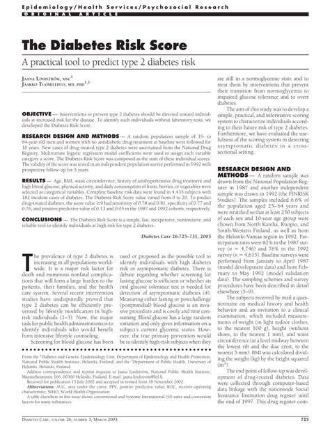 Pdf The Diabetes Risk Score A Practical Tool To Predict Type 2 Diabetes Risk