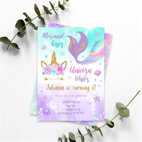 Unicorn Mermaid Invitation Unicorn Mermaid Birthday Etsy