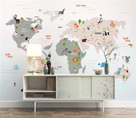 Murwall Kids Wallpaper Child World Map Wall Murals Animals