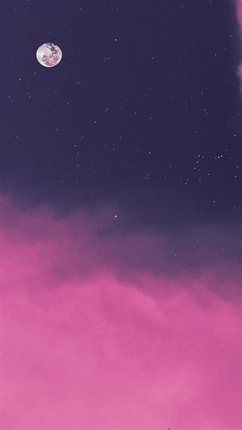 Pink Clouds Moon Sky View Purple Background Stars Lunar Evening