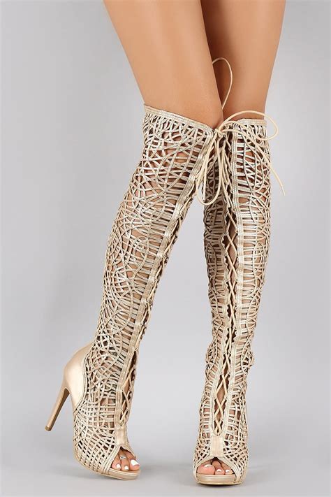 Metallic Woven Lace Up Thigh High Boot Thigh High Boots Vegan Shoes