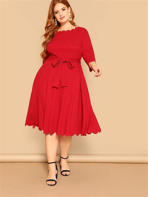 Plus Scalloped Trim Belted Fit And Flare Dress Sheinsheinside Fit Flare Dress Plus Size