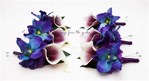 Blue Orchid Picasso Calla Lily Boutonniere Groom Groomsmen With Plum