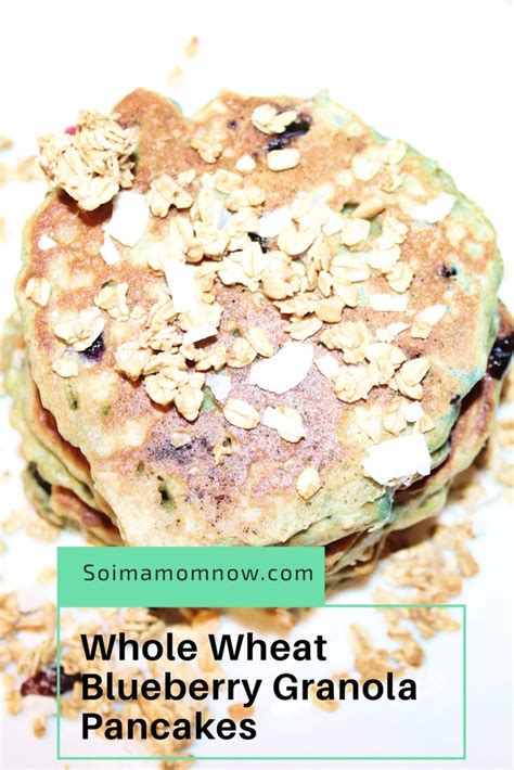 Whole Wheat Blueberry Granola Pancakes On A White Plate With Text