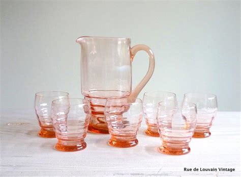 Pink Art Deco Glass Carafe And Six Glasses Vintage Drinks Set Pink