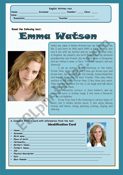 Test Ema Watson Esl Worksheet By Ana B