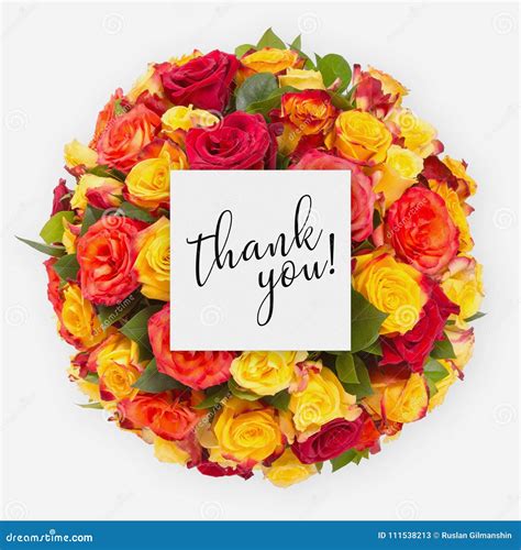 Fresh Flowers Bunch And Card With Words Thank You Written On It Stock