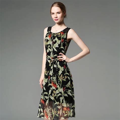 100 Silk Chiffon Dress Sleeveless Women Summer Dresses Fashion Designs Printed Pattern In