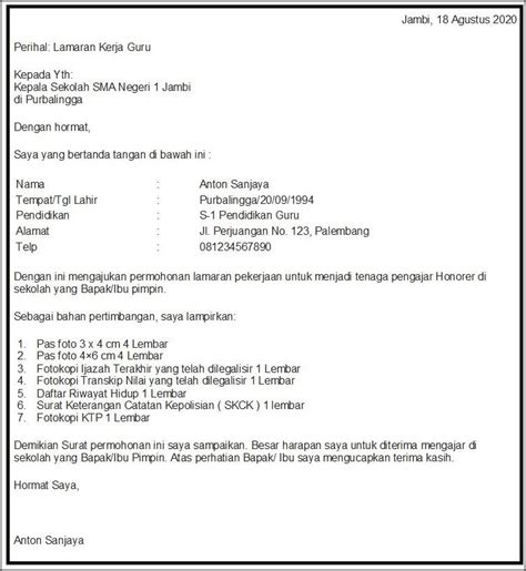 Contoh Surat Lamaran Pekerjaan Menjadi Guru Yang Baik Dan Benar Surat