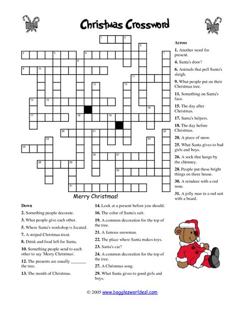 The goal is to fill the white squares with letters, forming words or phrases, by solving clues which lead to the answers. Printable Christmas Crossword Puzzles For Adults With Answers | Printable Template Free