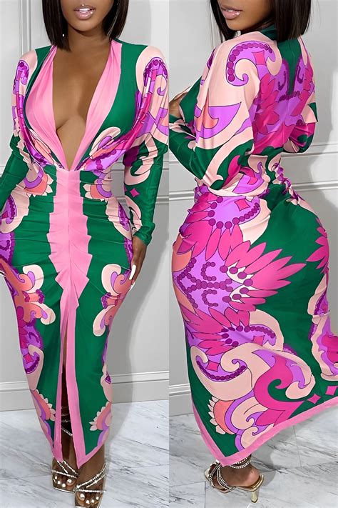 Wholesale Purple Sexy Casual Print Patchwork Slit Fold V Neck Long Sleeve Dresses K68229 4 Online