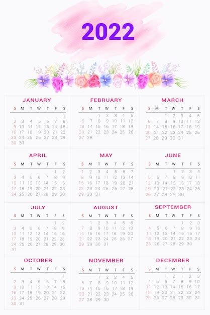 Premium Vector Watercolor Floral Design 2022 Calendar