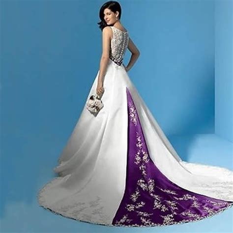 Elegant Stunning Purple And White Wedding Dresses Satin Bridal Gowns A